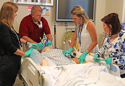 Clinical staff at the Columbia VA participate in simulation-based training as part of the High Reliability Hospital project.