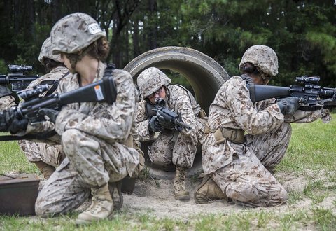 Women Marine recruits take part in training at Parris Island in July 2016. (Photo by Cpl. John-Paul Imbody, USMC)